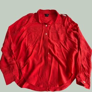 LinQ Red 100% Silk Button Up Utility Blouse Shirt Large Epaulettes Roll Sleeve